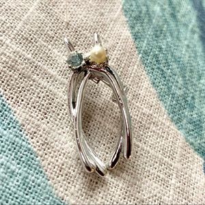 Lucky Wishbone Pin, Vintage Brooch, pearl, silver, blue crystal